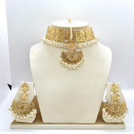 Golden Stones and Beads Beaded Choker Necklace, Earrings, Maangtika Set by Jewels of Nepal