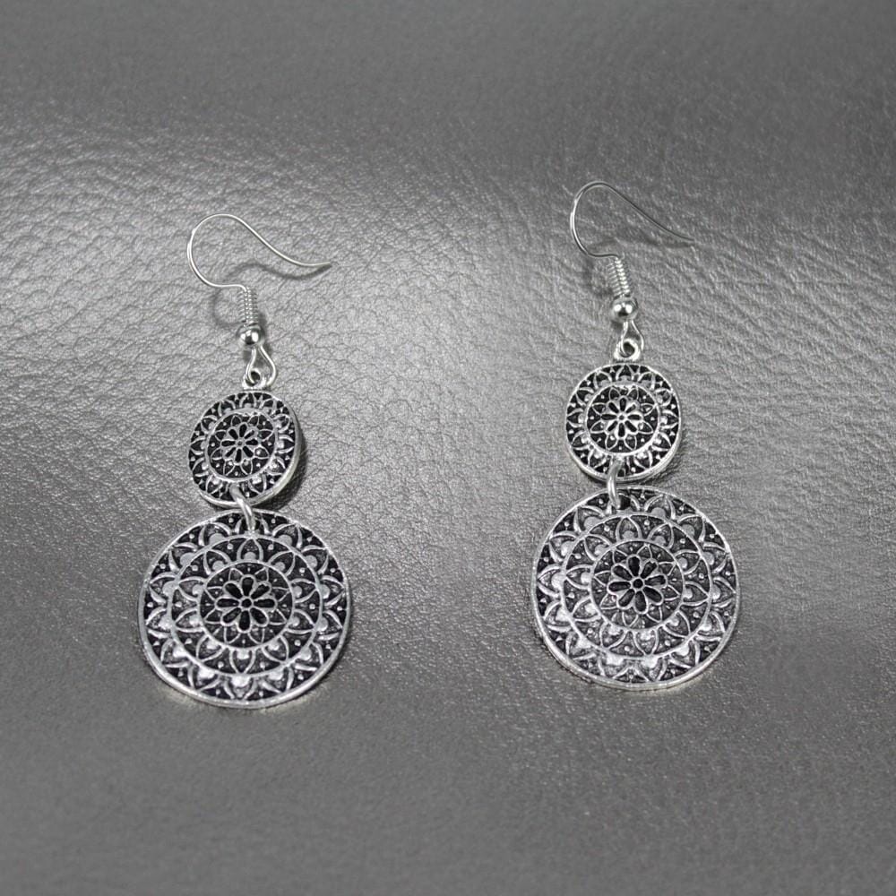 Silver Metal Double Layered Round Drop Earrings