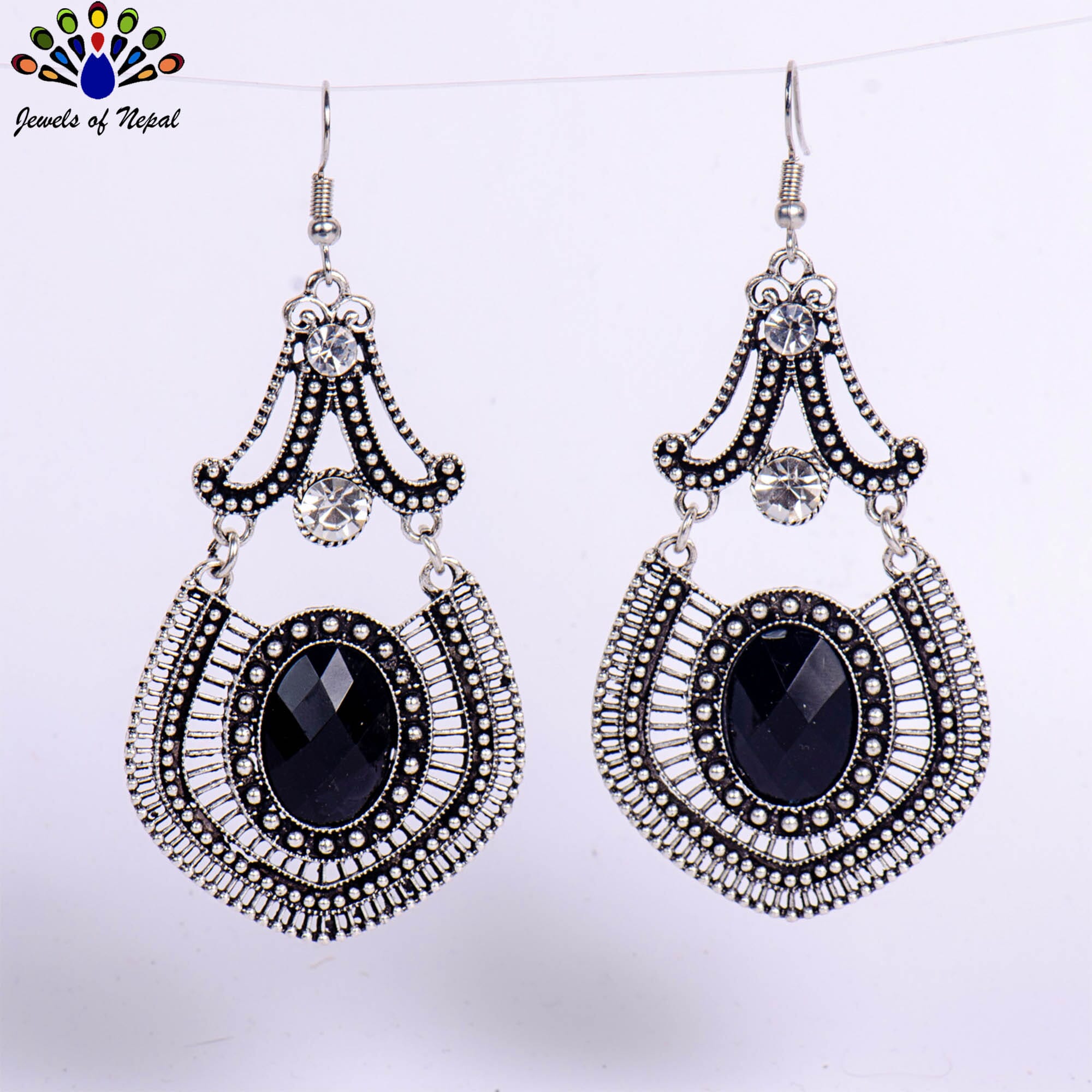 Silver/Black Cutout Patterned Dangling Drop Earrings For Women