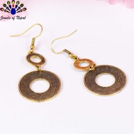 Golden Antique Toned Double Circular Dangling Earrings For Women- Jewels of Nepal