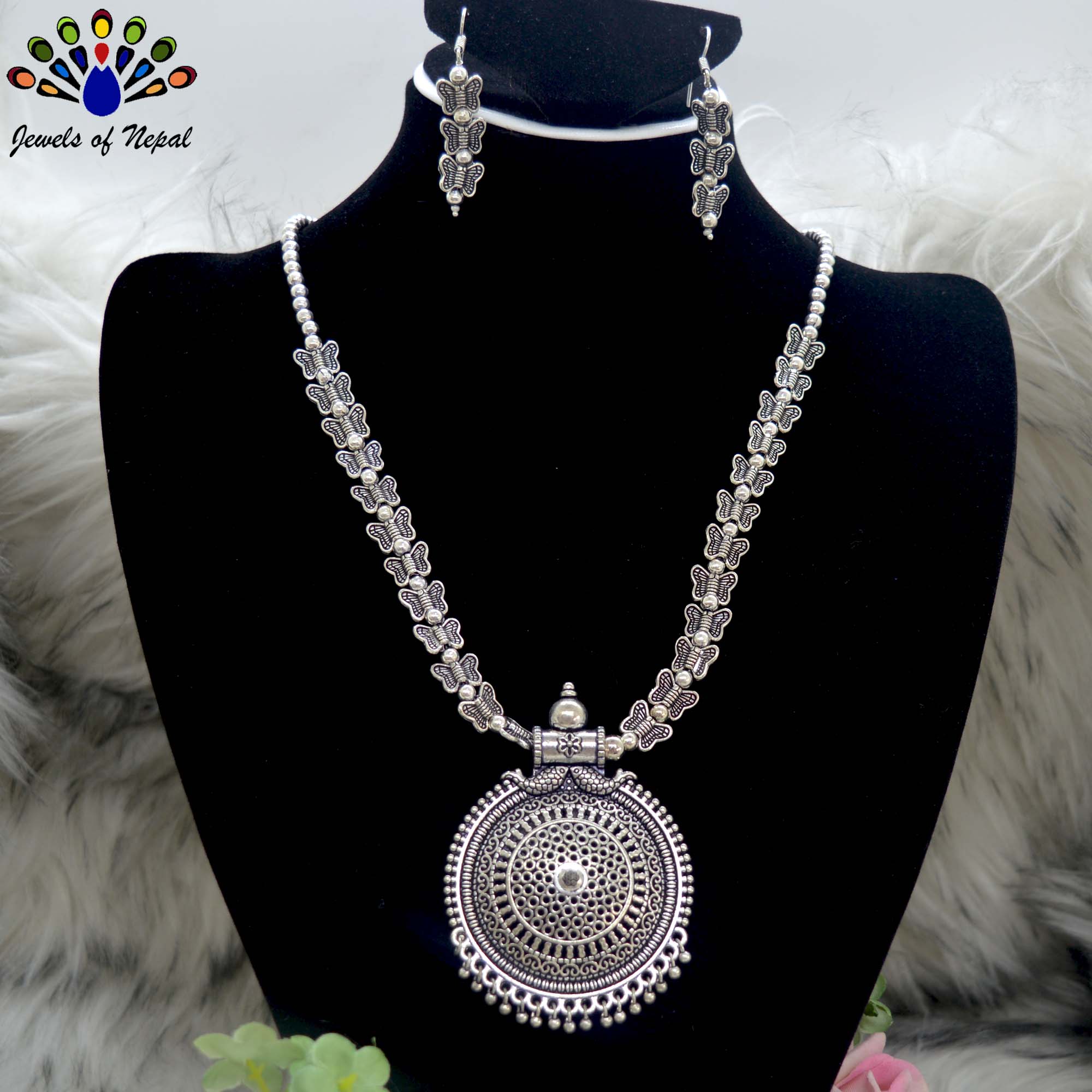Jewels of Nepal Silver Oxidized Butterfly Necklace & Earrings Set for Women