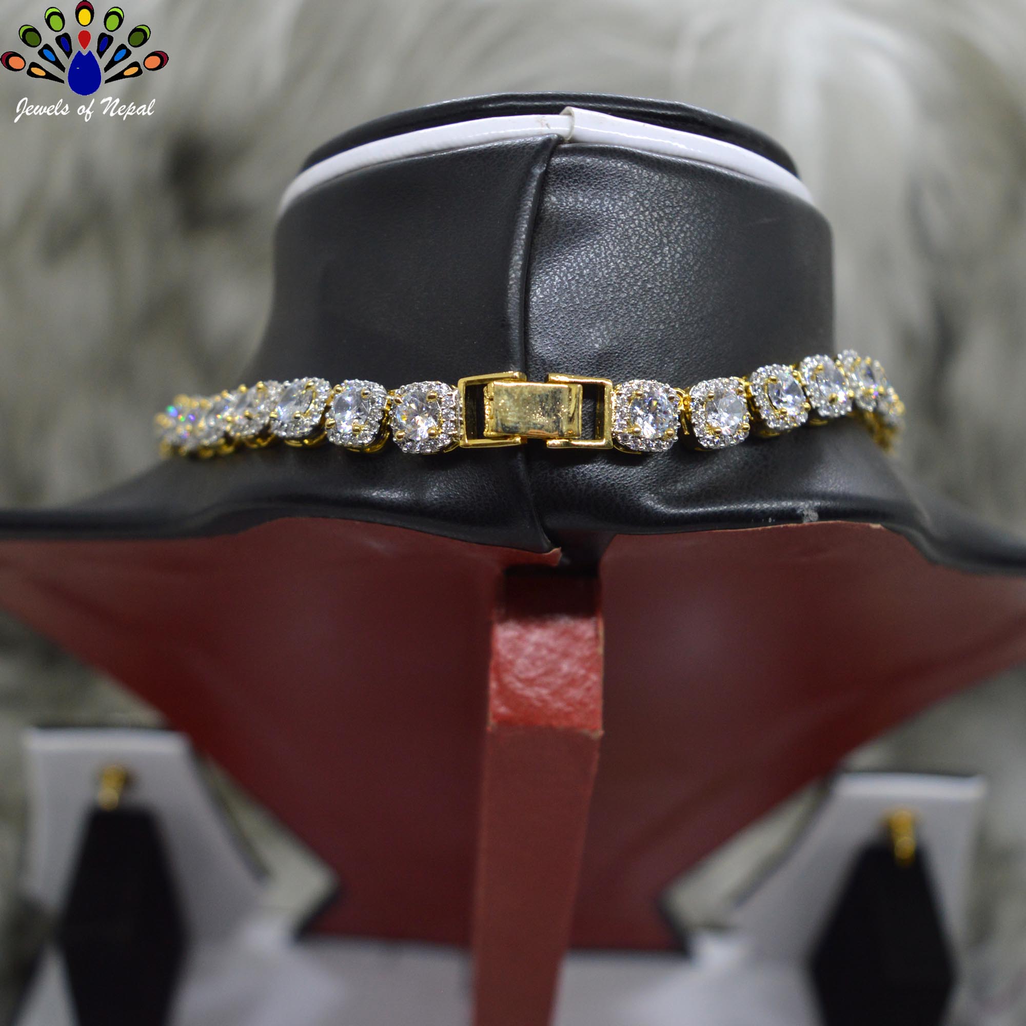 Jewels of Nepal American Diamond / Cubic Zirconia 5A Full Stone Studded Lined Necklace and Earrings Set for Women - Image 3