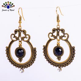 Golden/Black Stoned Dot Textured Round Drop Earrings For Women