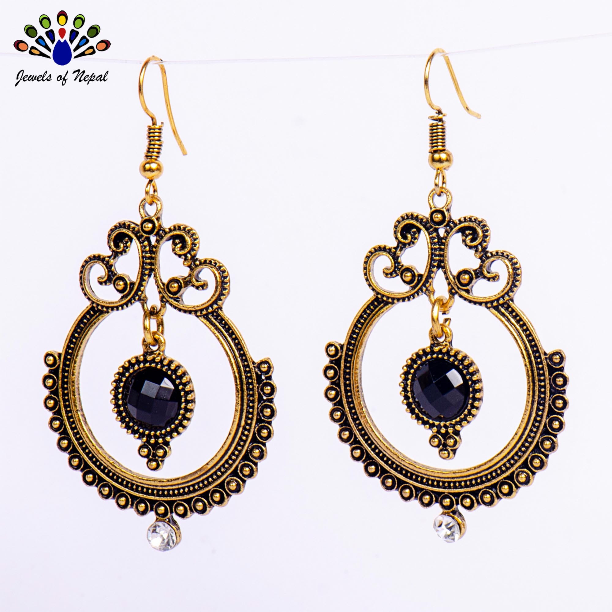 Golden/Black Stoned Dot Textured Round Drop Earrings For Women