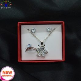 Jewels of Nepal Cubic Zirconia Studded Flower Pendant Chain, Ear Studs and Finger Ring Set for Women