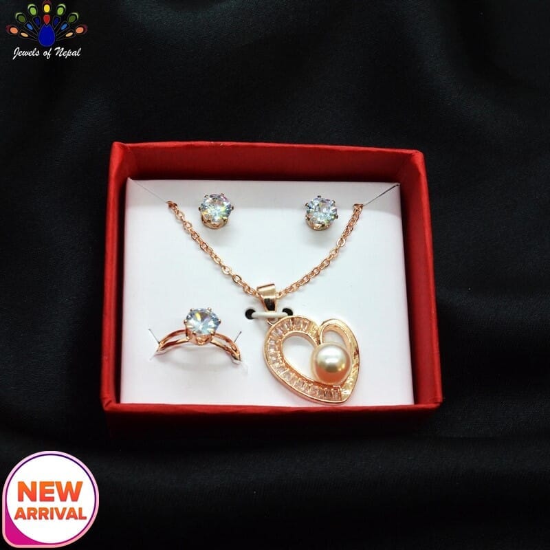 Jewels of Nepal Cubic Zirconia Studded Faux Pearl Heart Pendant Chain, Ear Studs and Finger Ring Set for Women - Image 2
