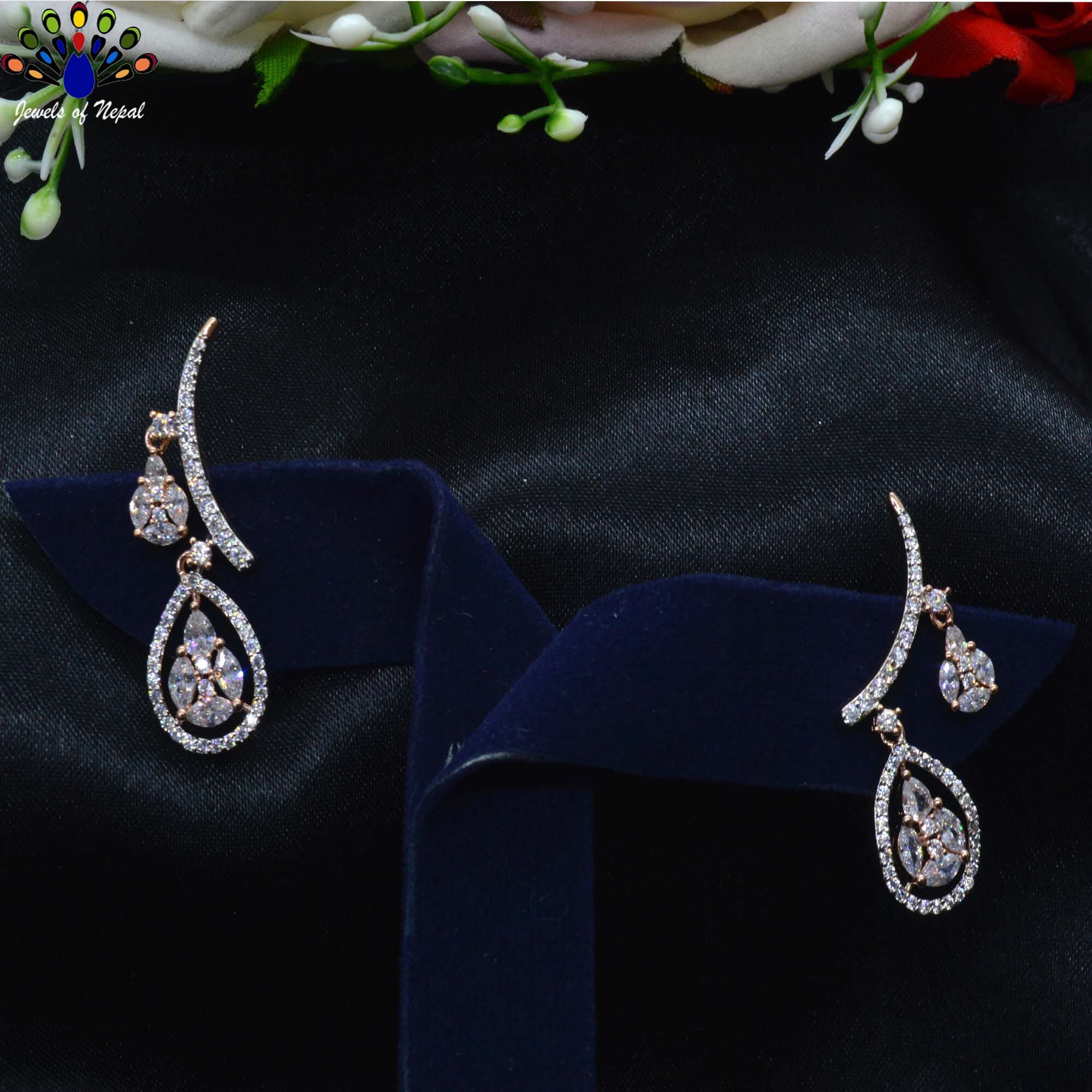 Jewels of Nepal American Diamond Stone Studded Double Drop Designed Earrings for Women - Image 2