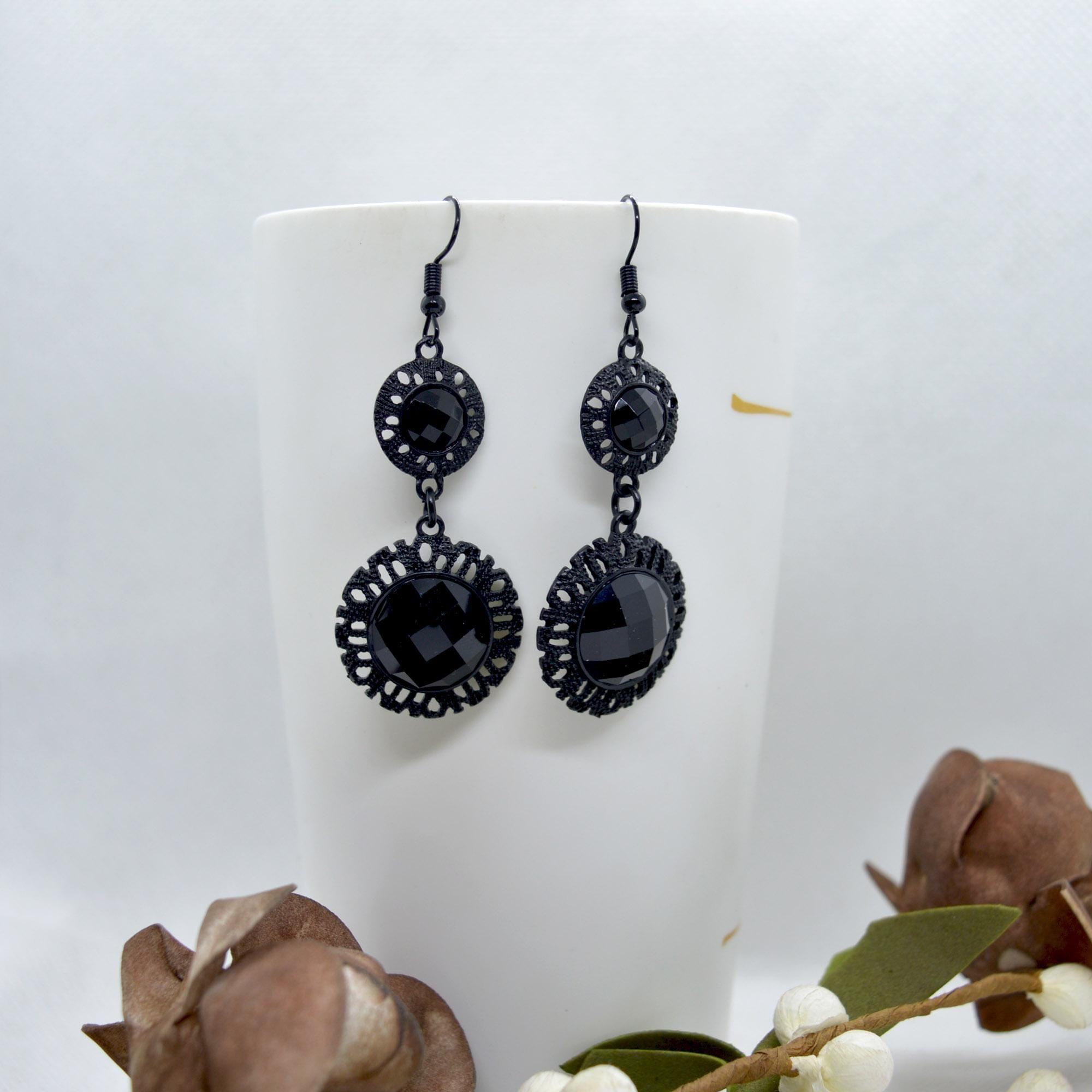 Black Studded Design Drop Earrings For Women