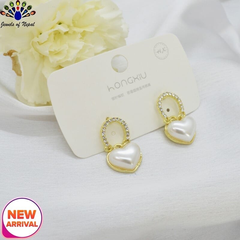 Jewels of Nepal Korean Stone Studded Faux Moti Heart Dangling Earrings For Women - Image 2