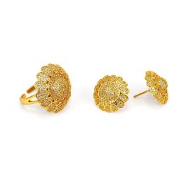 Gold Plated & Stones Embellished Flower Finger Ring & Ear Studs Set For Women
