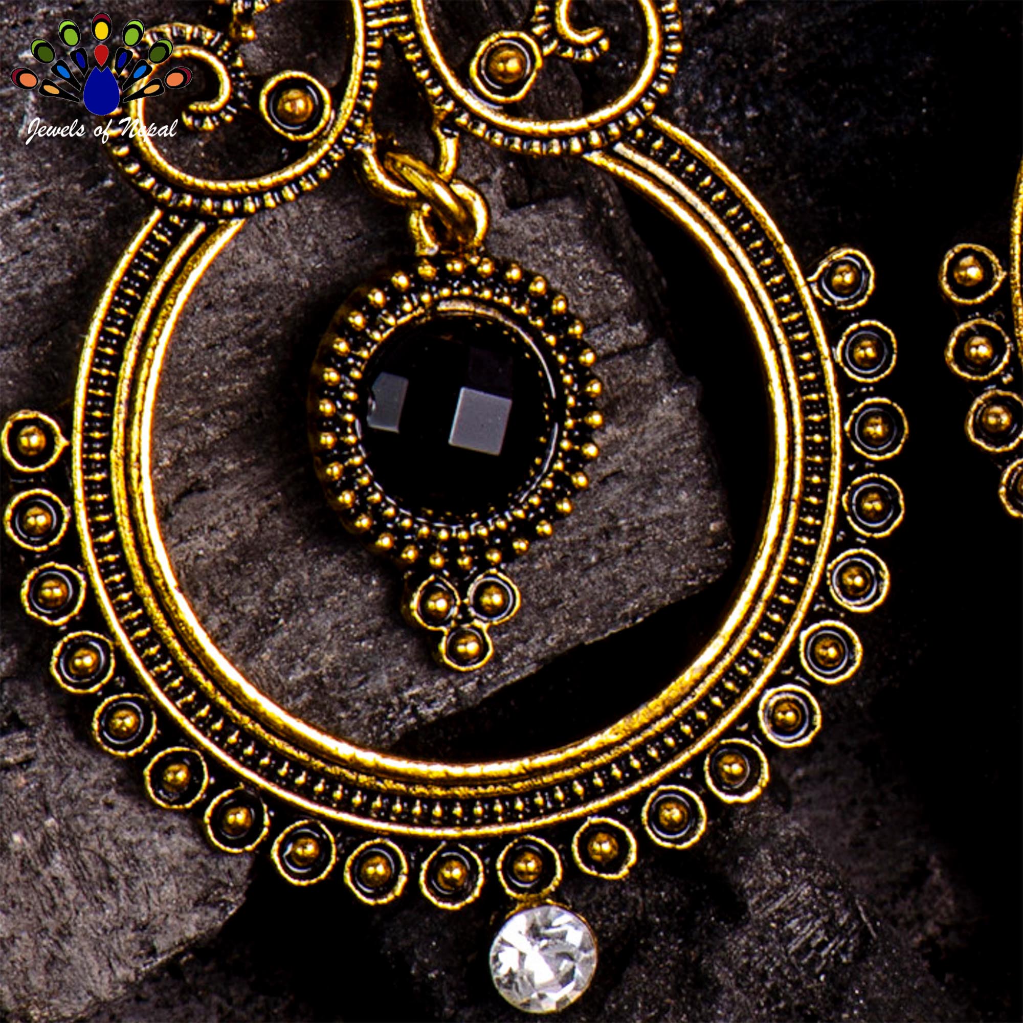 Golden/Black Stoned Dot Textured Round Drop Earrings For Women - Image 3