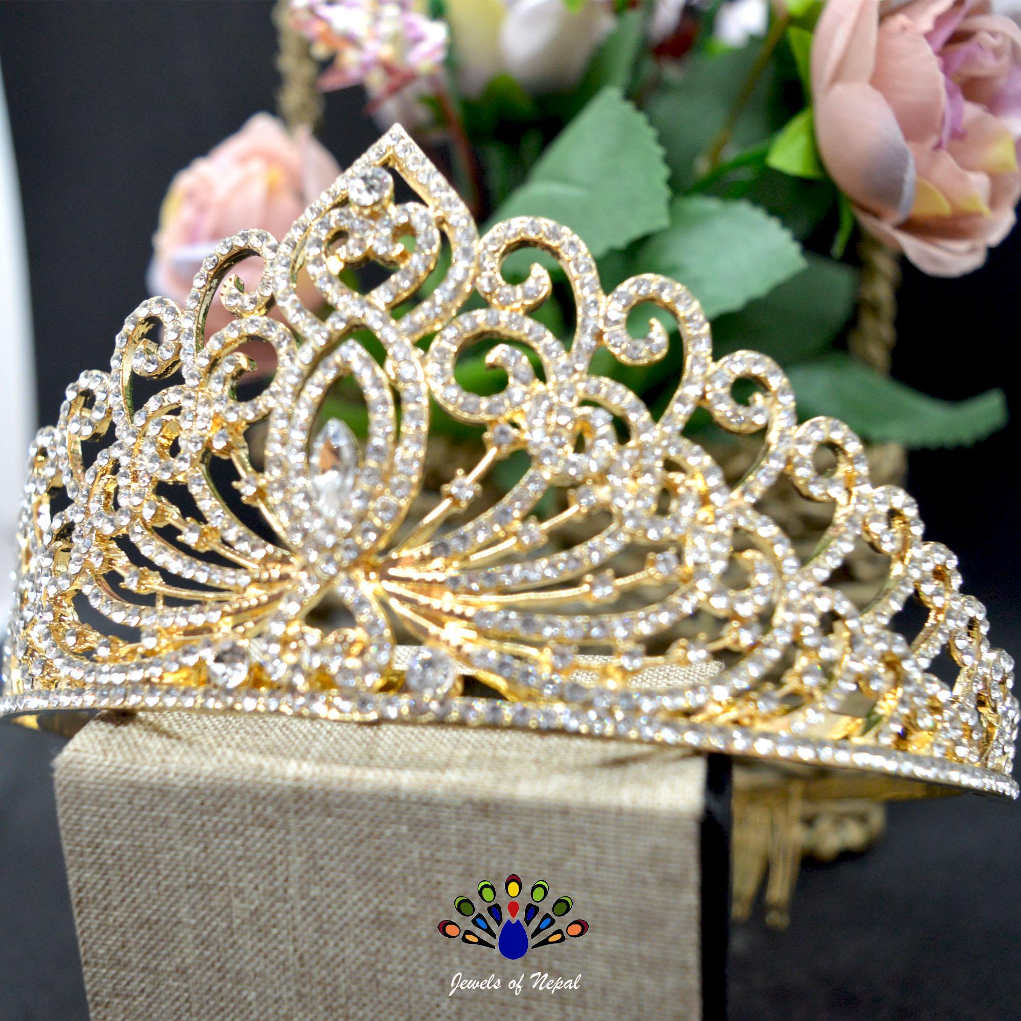 Golden/White Stunning Bridal Shiny Tiara Crown/Hair Embellishment For Women - Image 2
