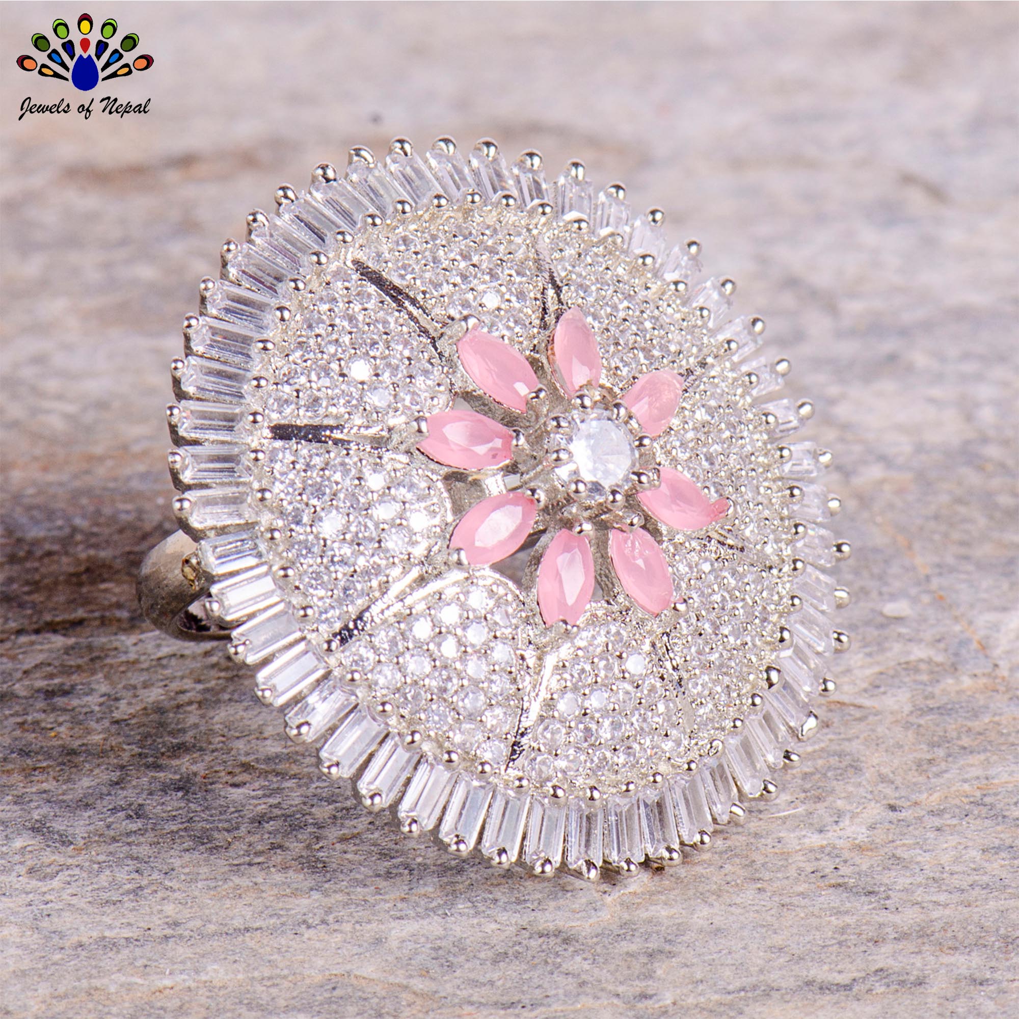American Diamond Embellished White/Blush Pink Floral Designed Finger Ring For Women- Jewels of Nepal - Image 2