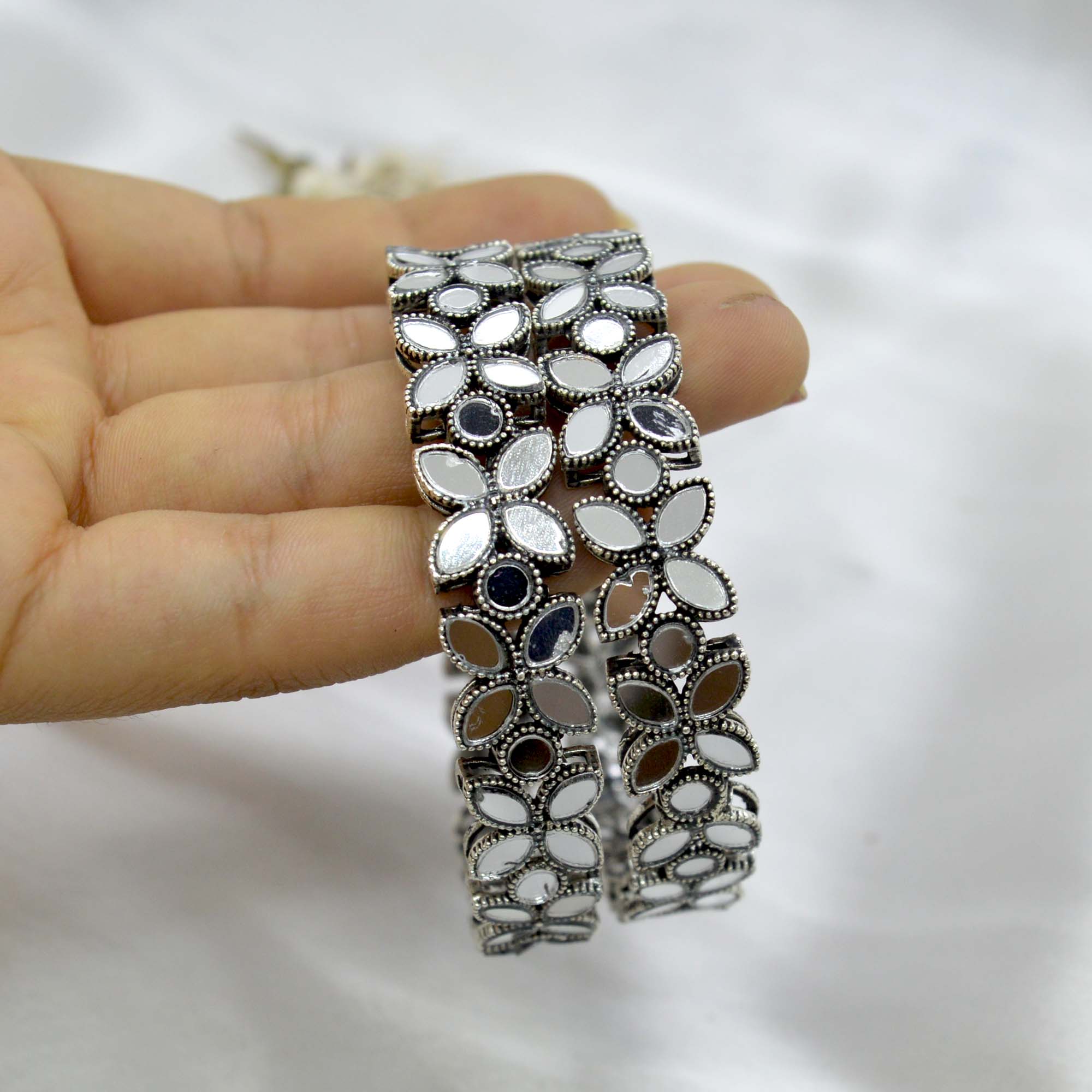 Jewels Of Nepal Gunmetal Toned Mirror Studded Bangles Set For Women- Set of 2 pcs - Image 2