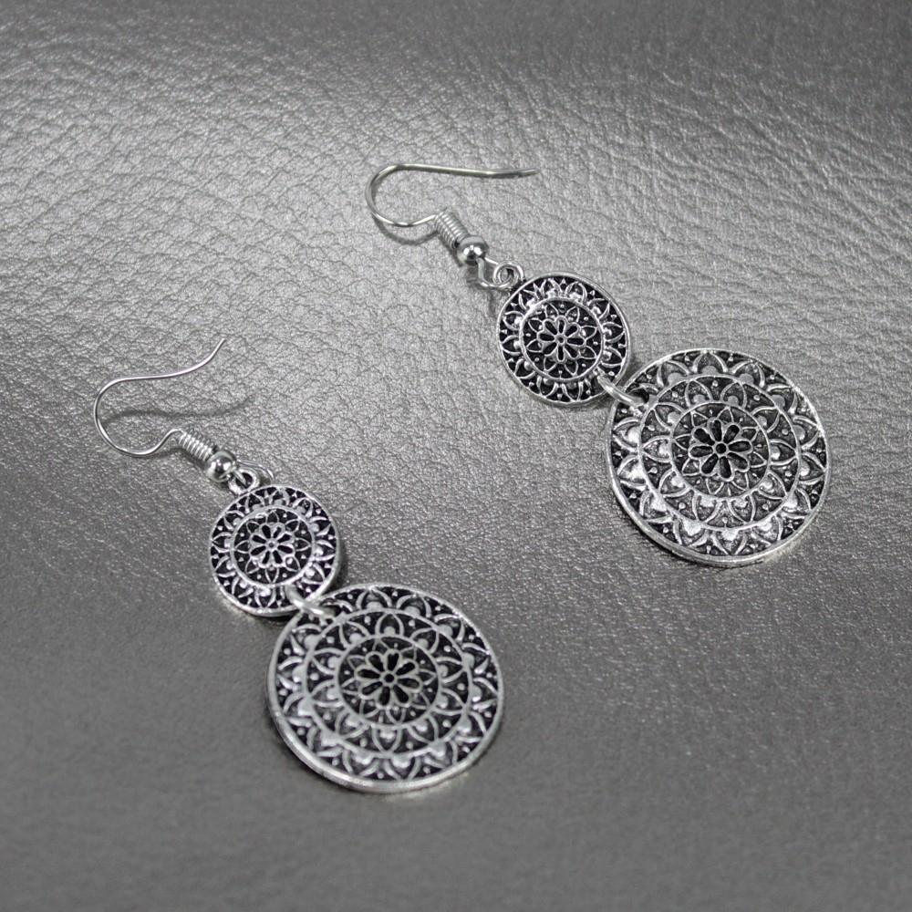 Silver Metal Double Layered Round Drop Earrings - Image 2