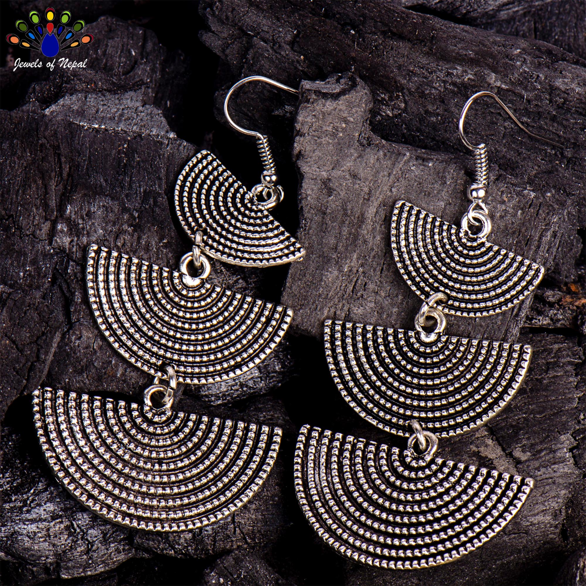 Silver Dot Textured Half Circular 3 Tiered Earrings - Image 3