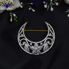 Jewels of Nepal Imitation Diamond (American Diamond) 5A Grade CZ Studded Leaves Patterned Crescent Moon Designed Brooch for Women
