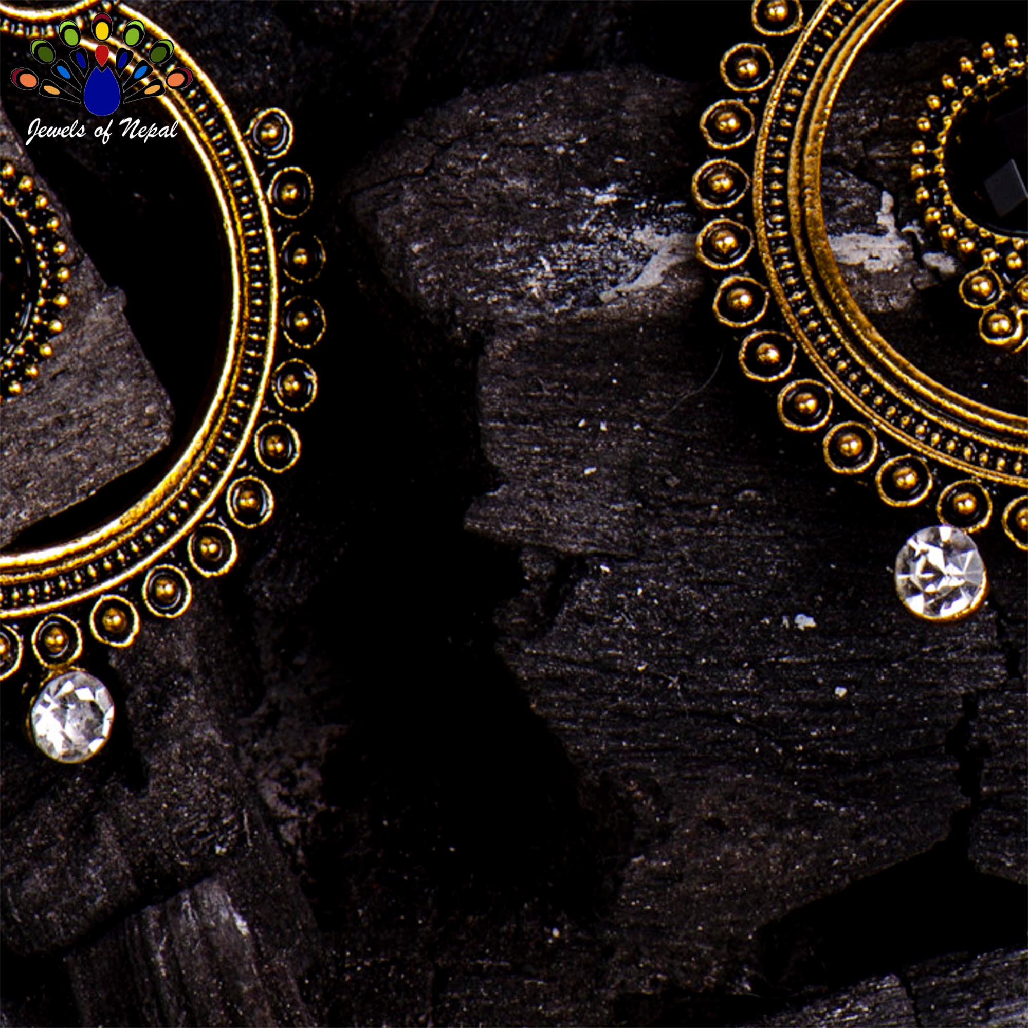 Golden/Black Stoned Dot Textured Round Drop Earrings For Women - Image 2