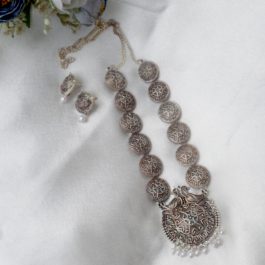Jewels of Nepal Silver Oxidized Long Necklace & Earrings Set for Women