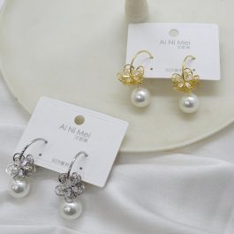 Jewels of Nepal Flower Designed Faux Pearl Dangling C-Hoop Earrings For Women
