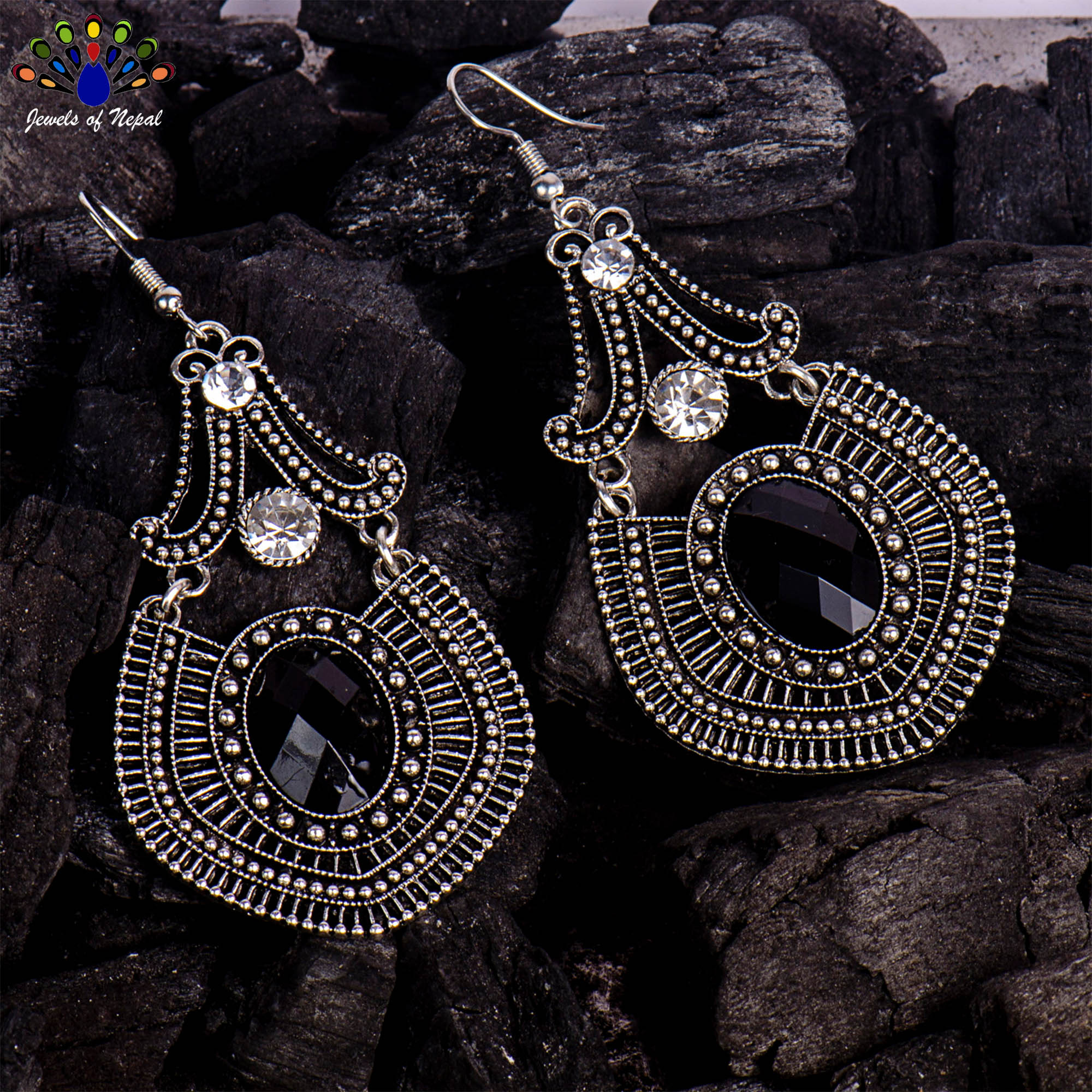 Silver/Black Cutout Patterned Dangling Drop Earrings For Women - Image 3
