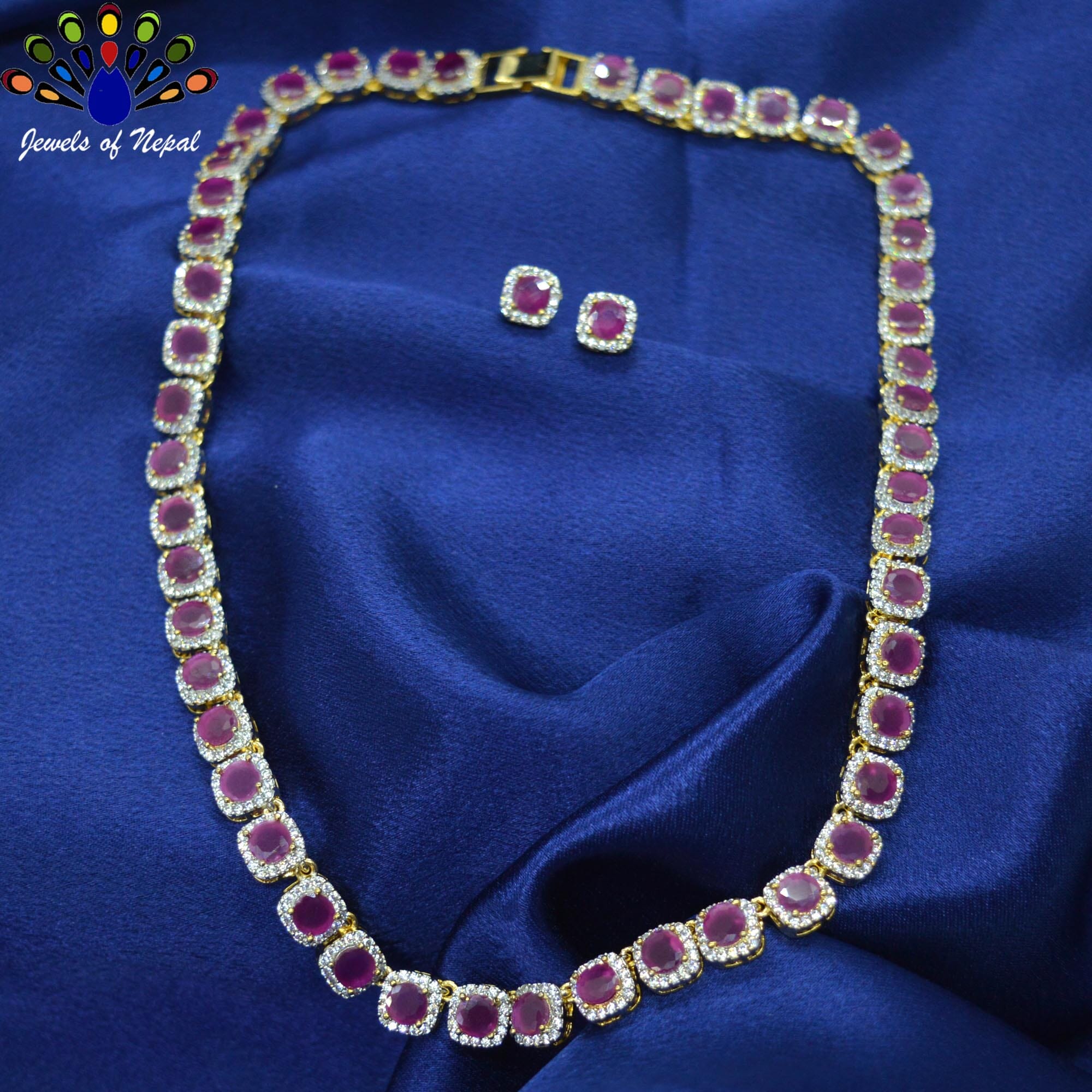 Jewels of Nepal American Diamond / Cubic Zirconia 5A Full Stone Studded Lined Necklace and Earrings Set for Women - Image 4