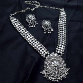 Jewels of Nepal Silver Oxidized Mirror Studded Long Necklace & Earrings Set for Women