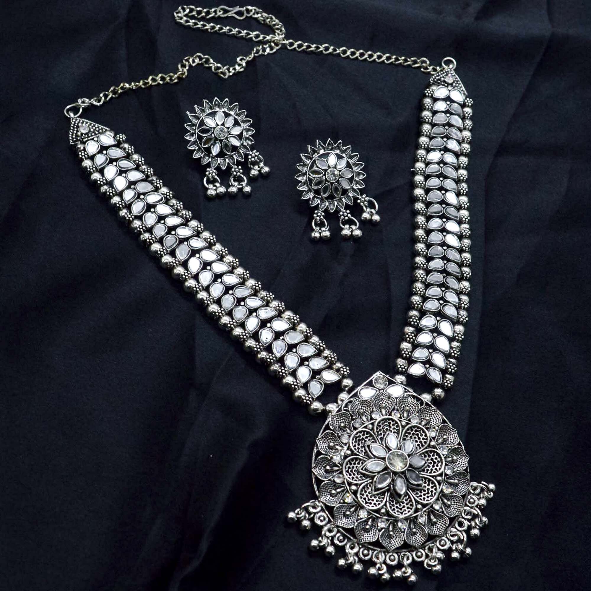 Jewels of Nepal Silver Oxidized Mirror Studded Long Necklace & Earrings Set for Women