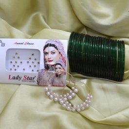 Shrawan Special Green Cut Patterned Glass Bangles/ Chura Set with Faux Moti Hoop Earrings for Women