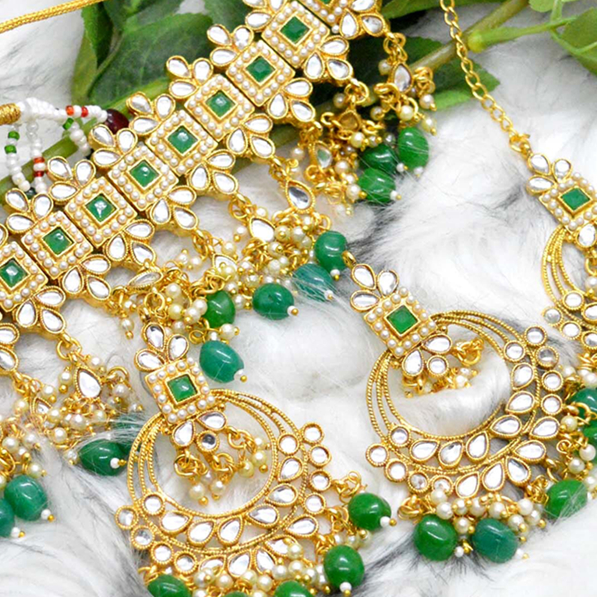 Faux Moti & Beads Beaded Adjustable Choker Set With Earrings & Maangtika by Jewels of Nepal - Image 3
