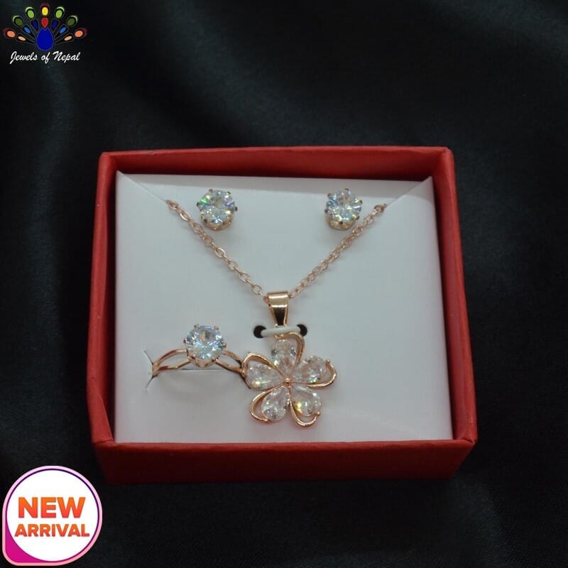 Jewels of Nepal Cubic Zirconia Studded Flower Pendant Chain, Ear Studs and Finger Ring Set for Women - Image 2