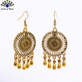 Golden Round Mandala Patterned Tasseled Earrings- Jewels of Nepal