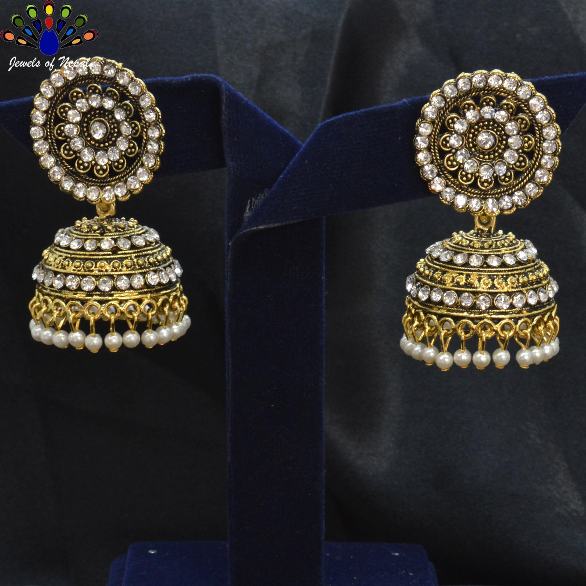Jewels of Nepal Golden Stone Studded Round Top Pinjada Earrings For Women
