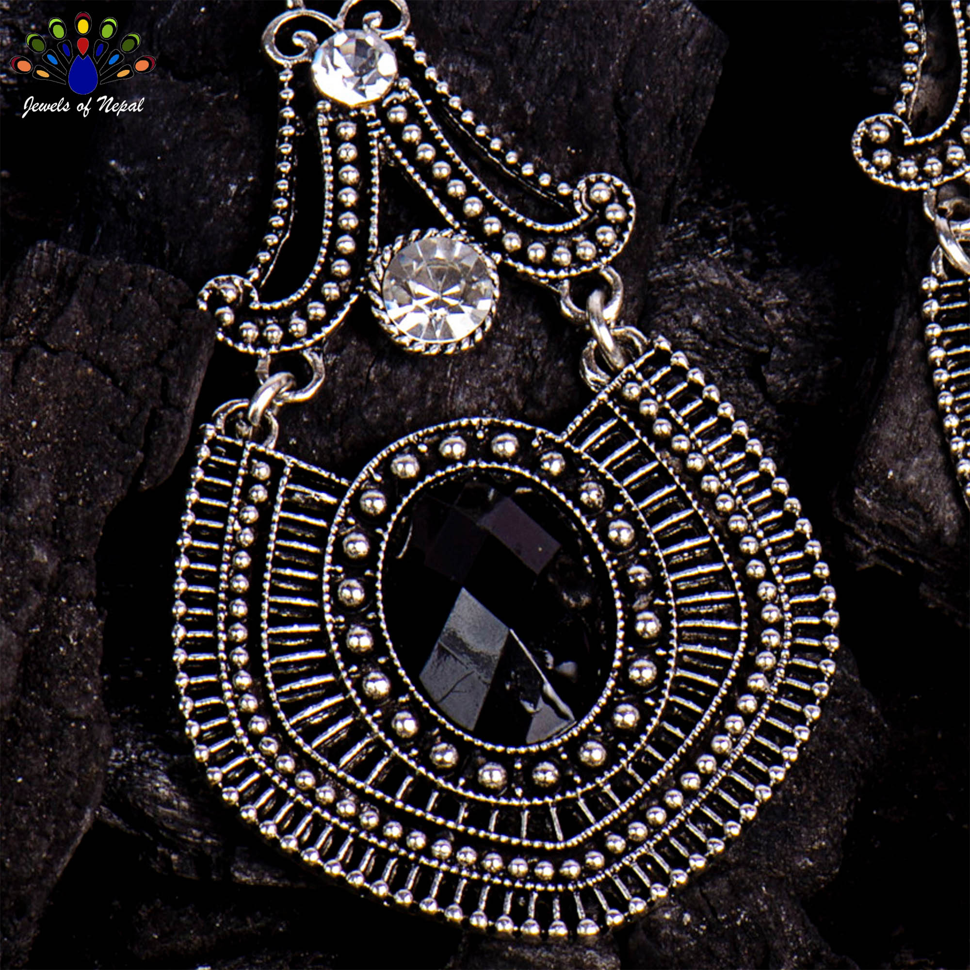 Silver/Black Cutout Patterned Dangling Drop Earrings For Women - Image 2