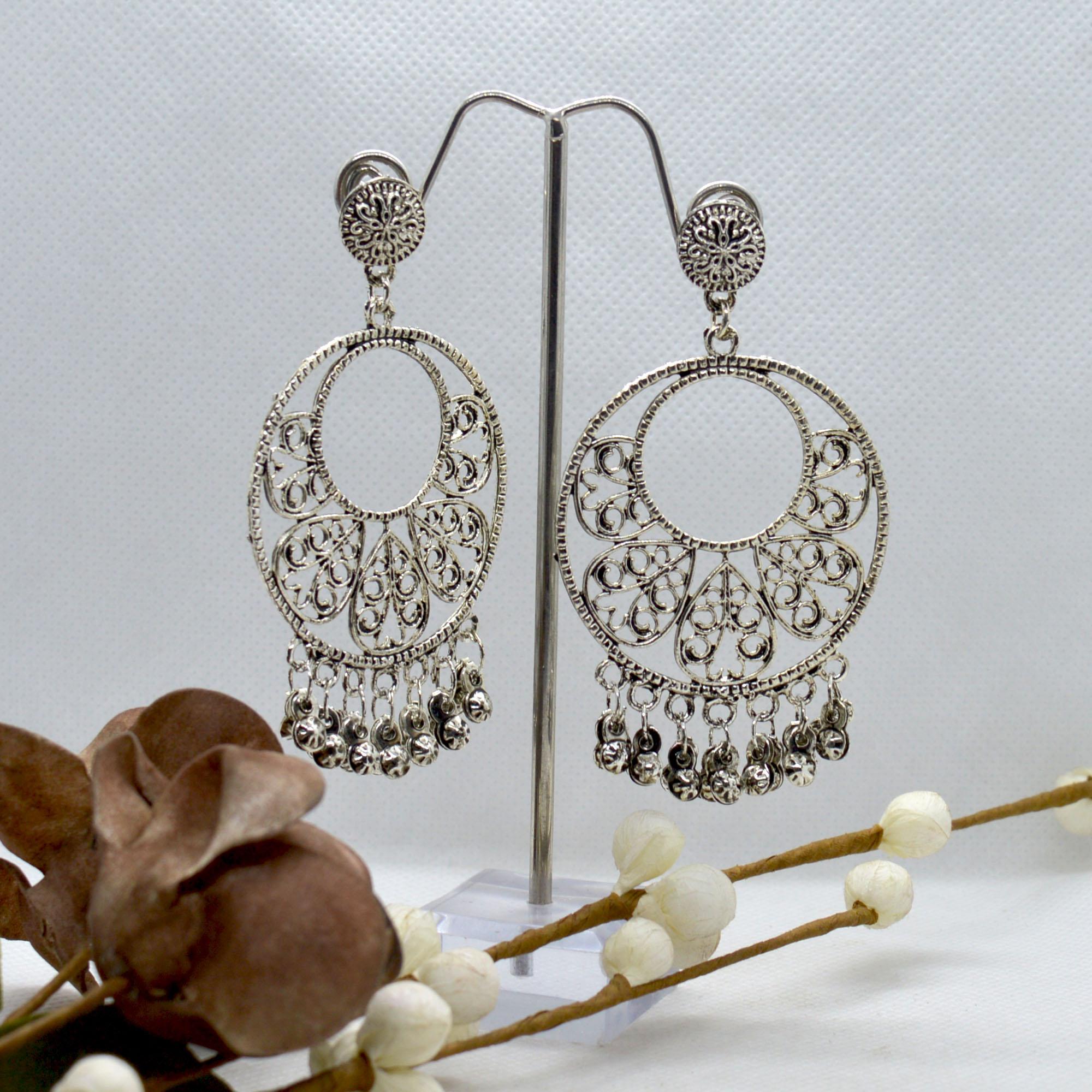 Silver Top Round Self Patterned Dangle Earrings For Women - Image 2