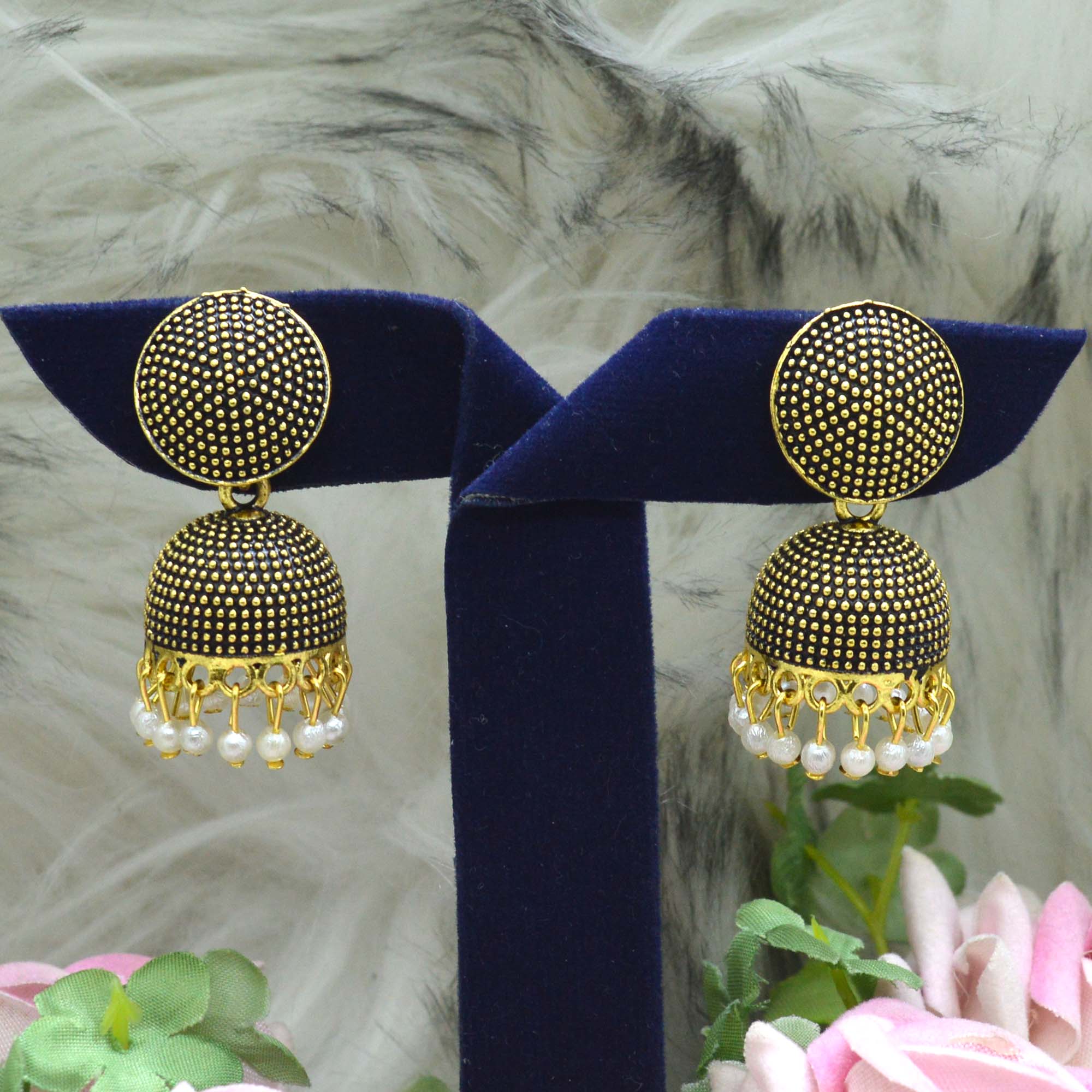 Jewels of Nepal Oxidized Gold Toned Round Top Dot Textured Pinjada Jhumki Earrings For Women - Image 3
