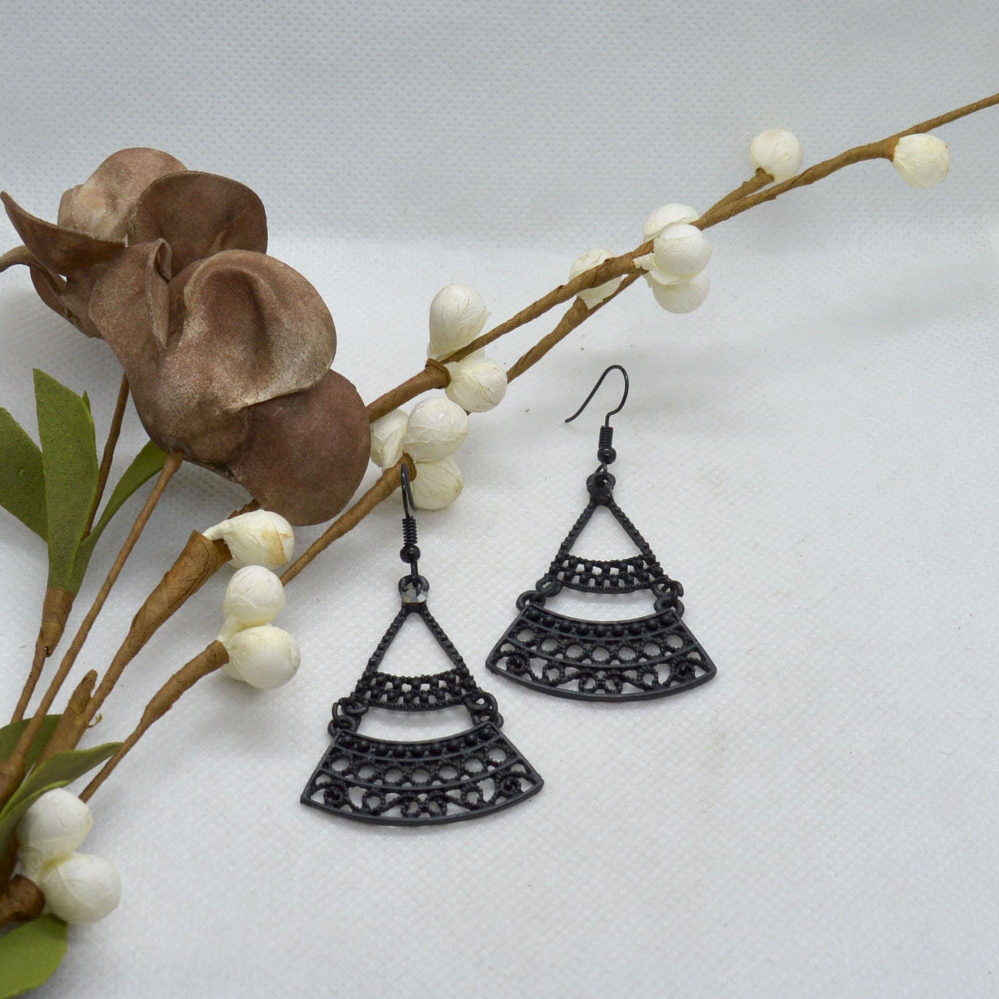 Black Stoned Cut Patterned Drop Earrings For Women