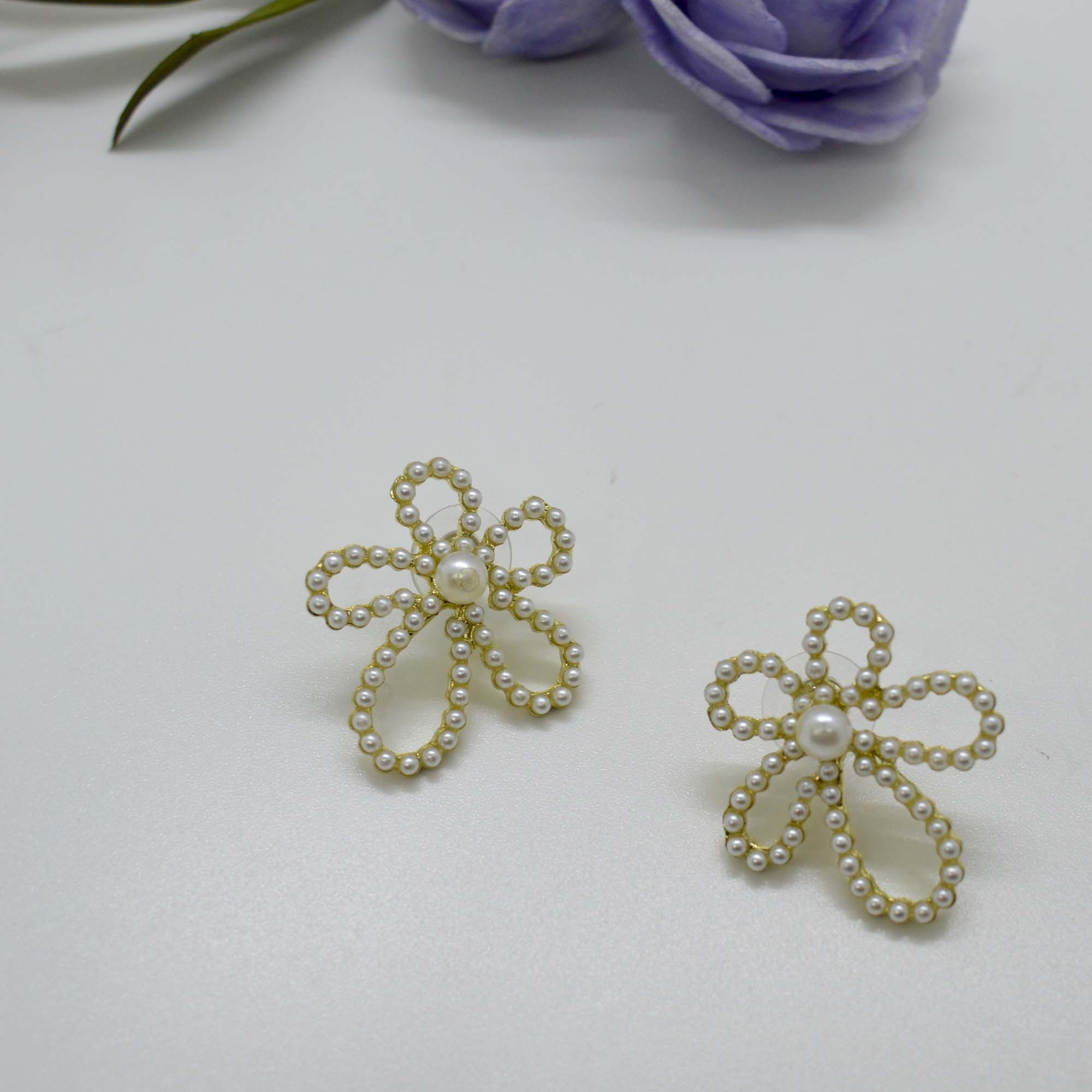 Jewels of Nepal Simulated Pearl Studded Cutout Flower Designed Studs for Women - Image 3