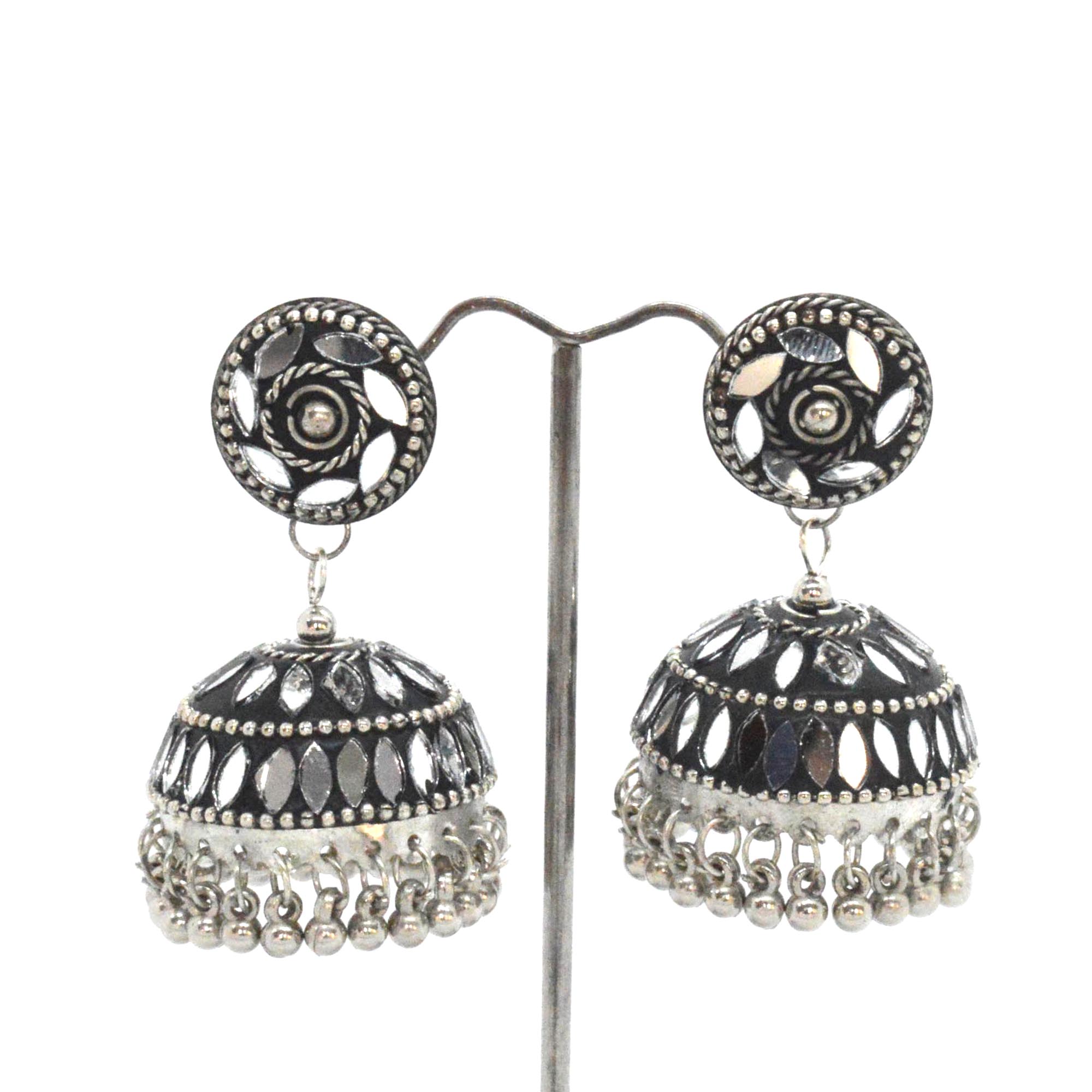 Jewels of Nepal Black/Silver Mirror / Beads Studded Pinjada Earrings For Women - Image 4