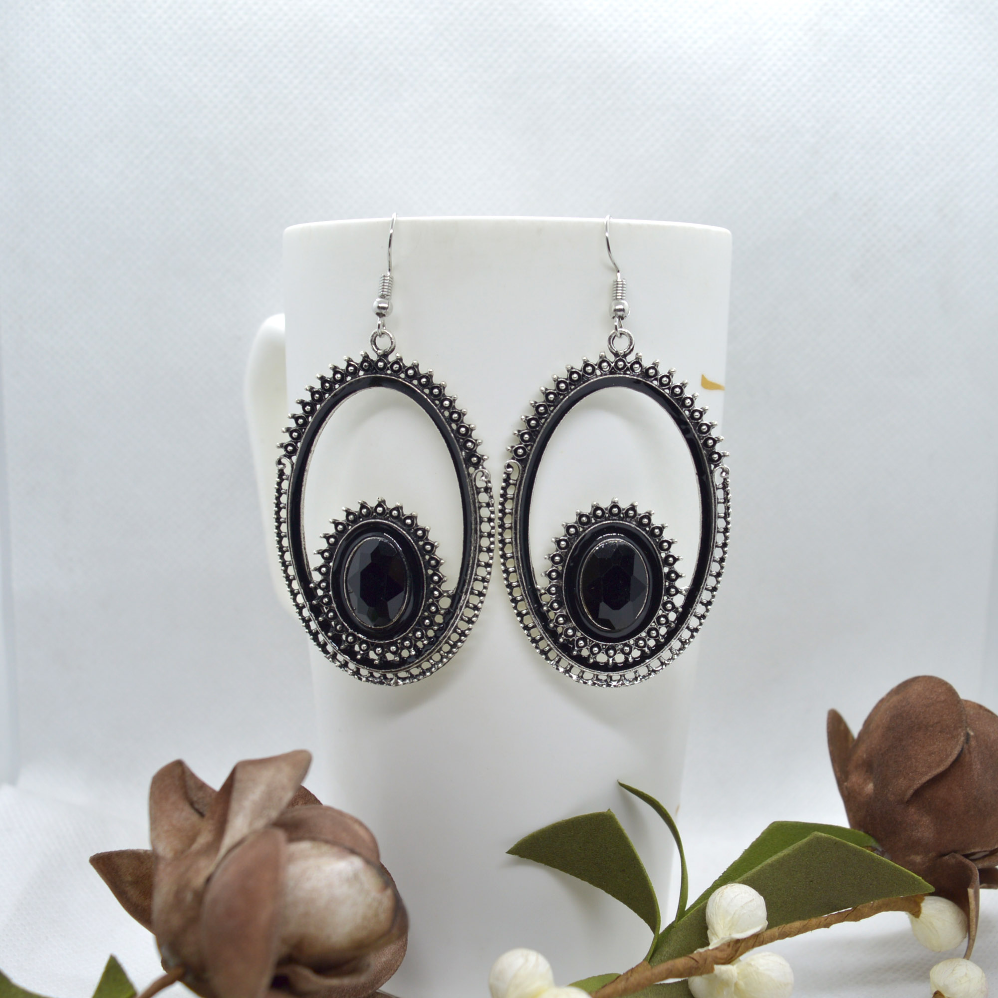 Silver/Black Stone Embellished Oval Drop Danglers For Women