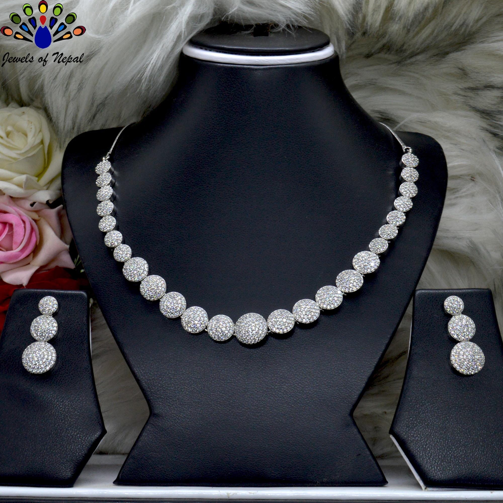 Jewels of Nepal American Diamond Circular Designed Necklace & Earrings Set for Women - Image 2