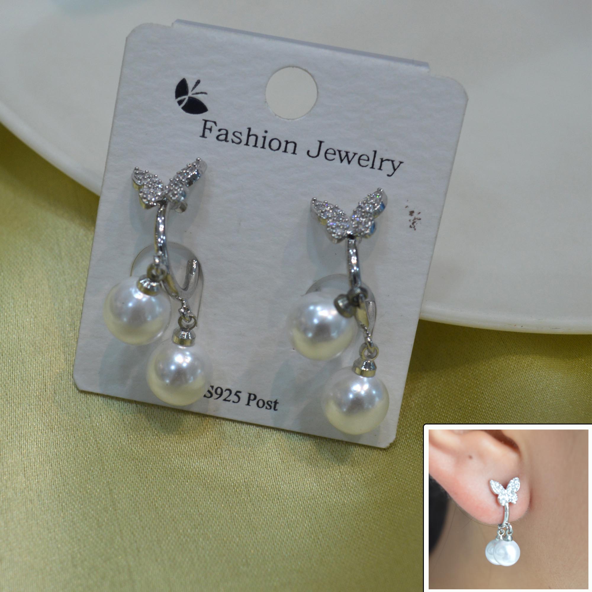 Jewels of Nepal CZ Stones Studded S925 Butterfly Designed Faux Pearl Drop C-Hoop Earrings For Women - Image 3