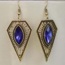 Gold/Royal Blue Stoned Diamond Shaped Earrings For Women