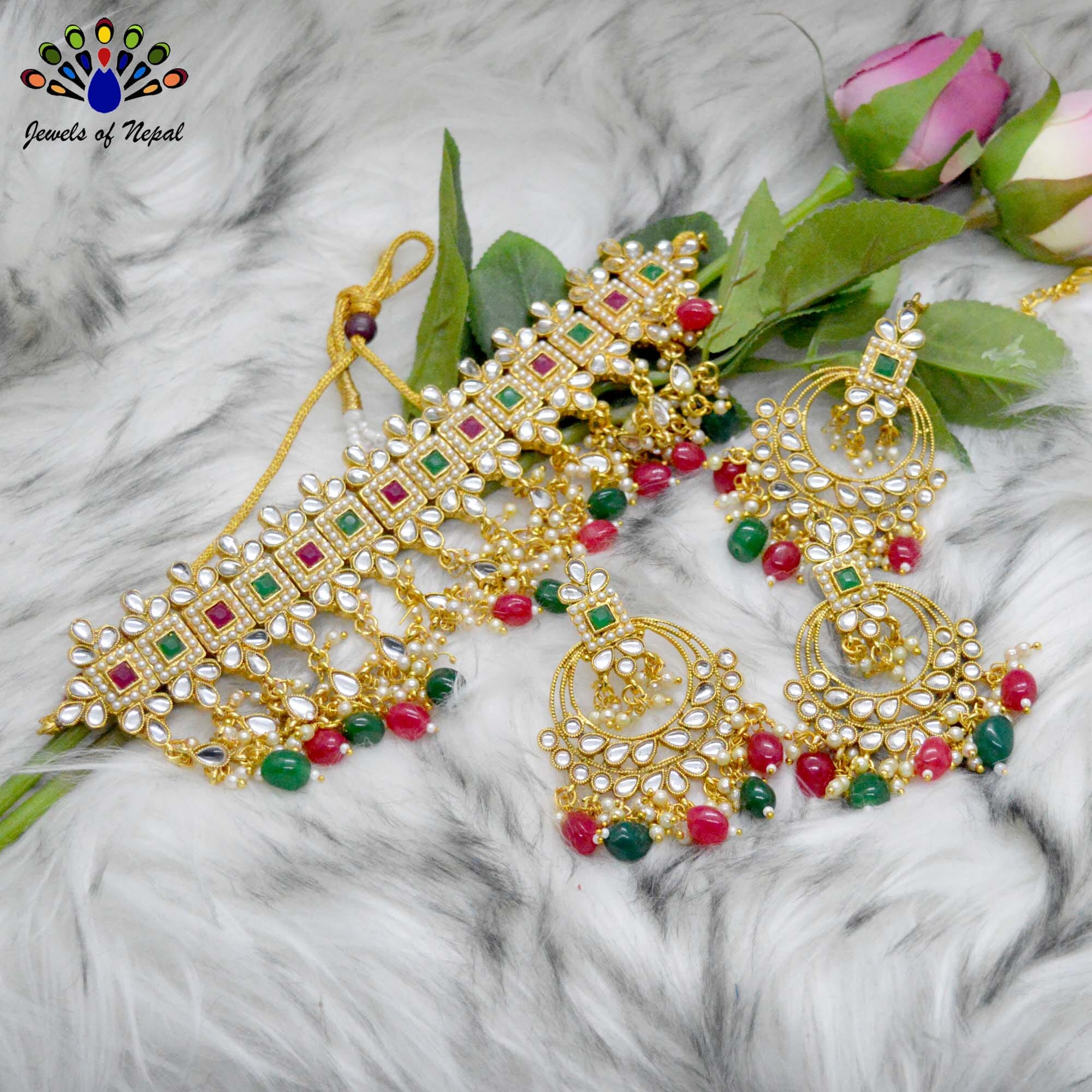 Faux Moti & Beads Beaded Adjustable Choker Set With Earrings & Maangtika by Jewels of Nepal - Image 4