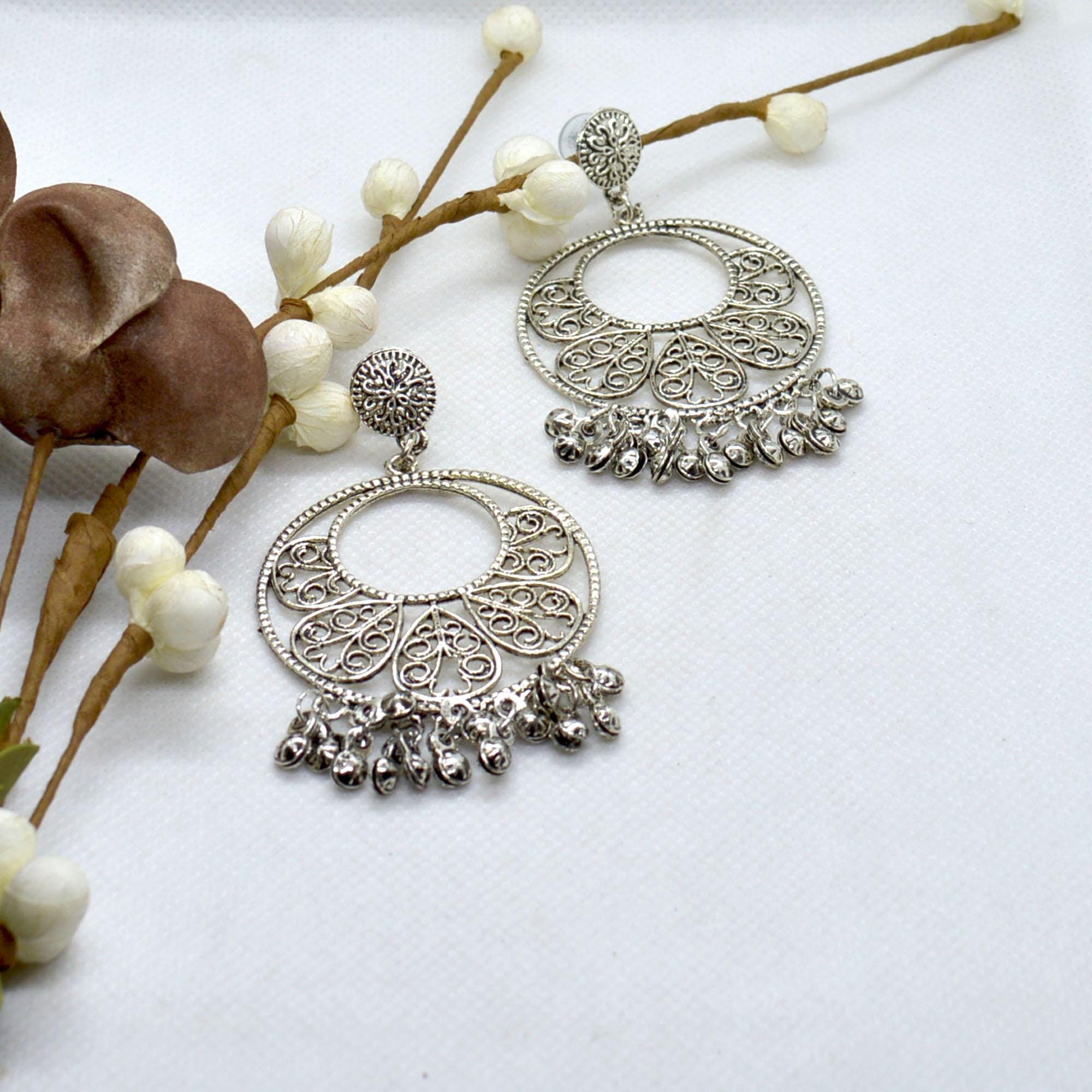 Silver Top Round Self Patterned Dangle Earrings For Women
