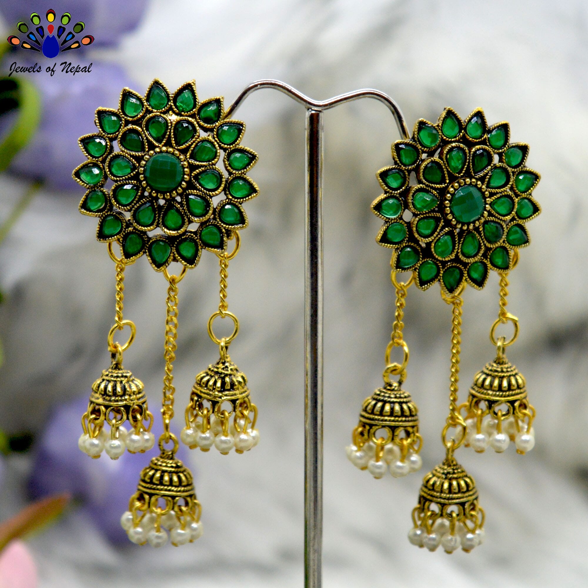 Floral Designed Top Chain Pinjada Drop Earrings for Women - Image 2