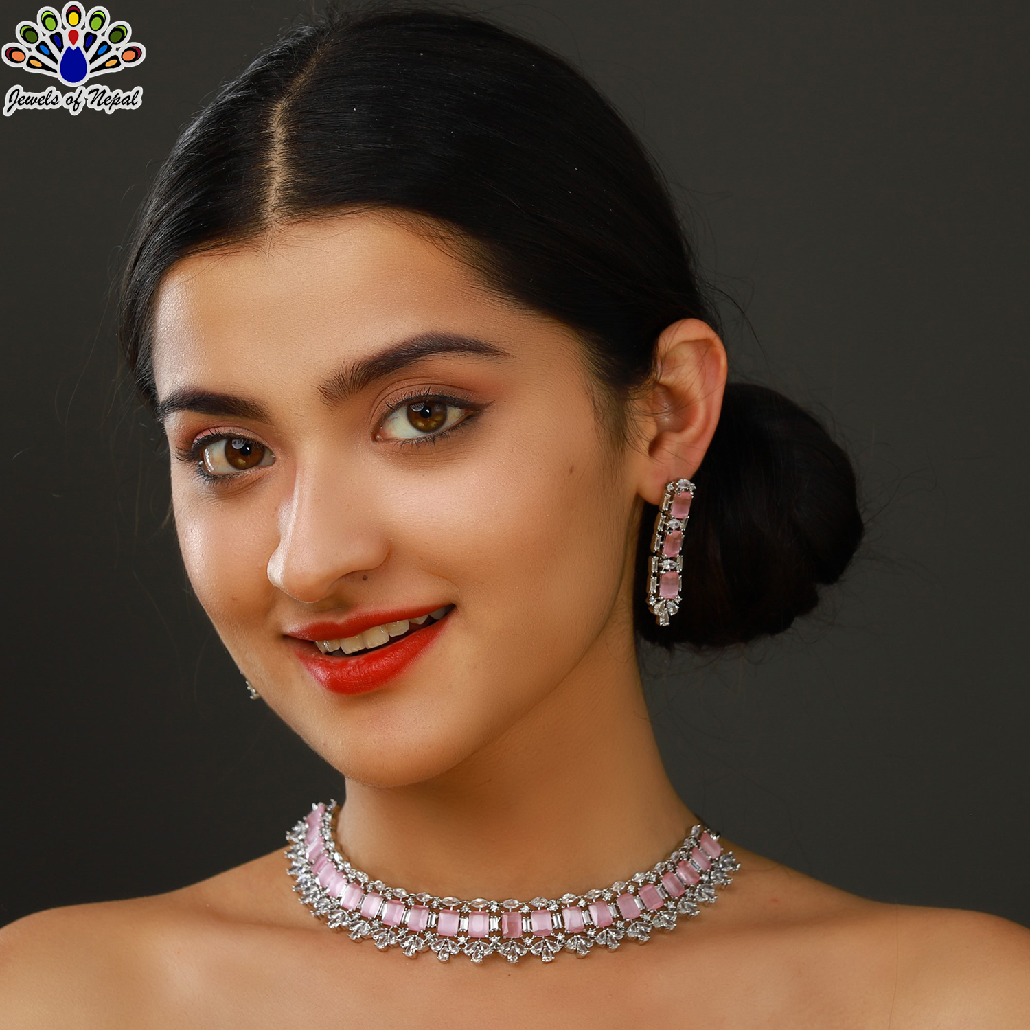 Jewels of Nepal American Diamond Studded Choker Necklace & Earrings Set for Women - Image 2