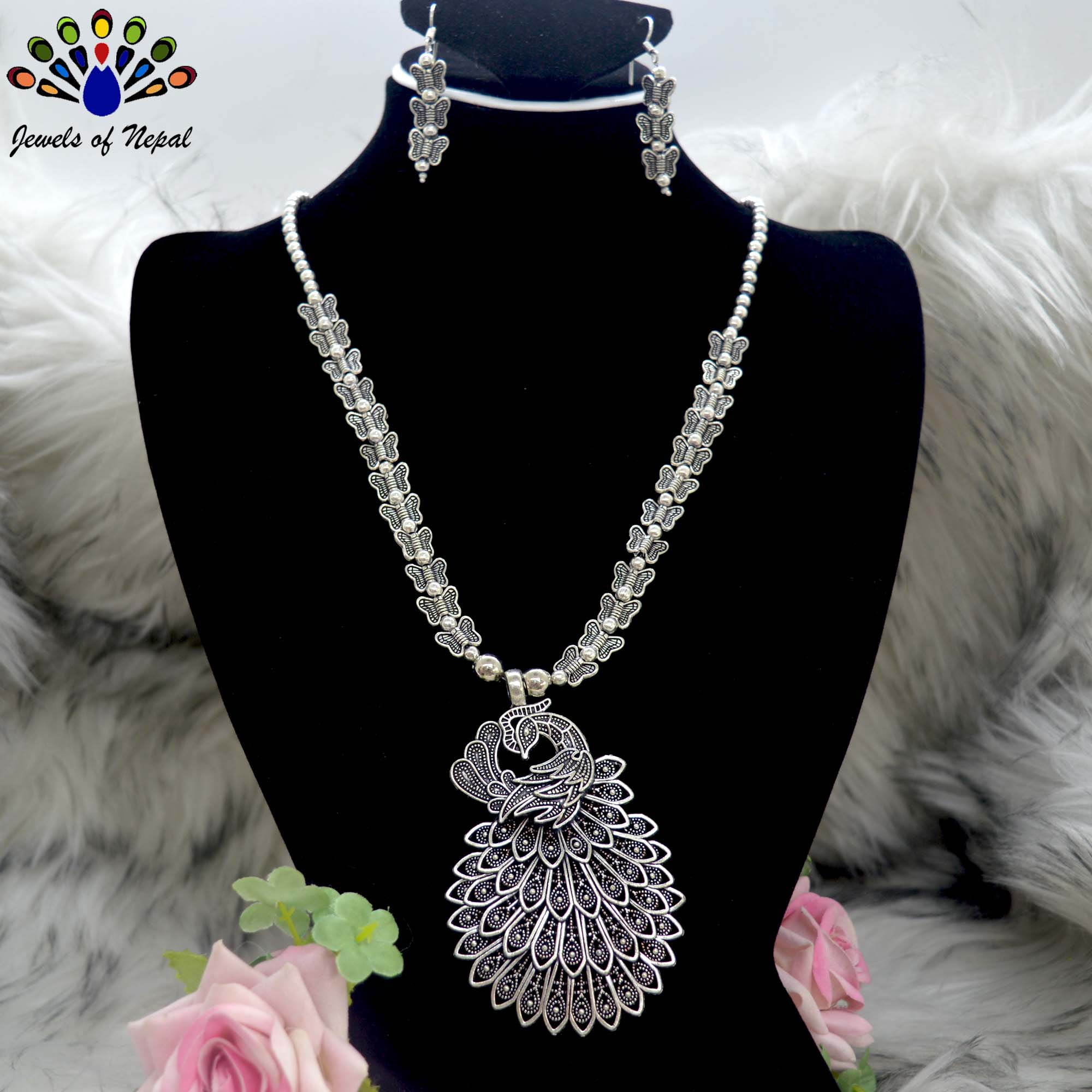 Jewels of Nepal Silver Oxidized Butterfly Necklace & Earrings Set for Women