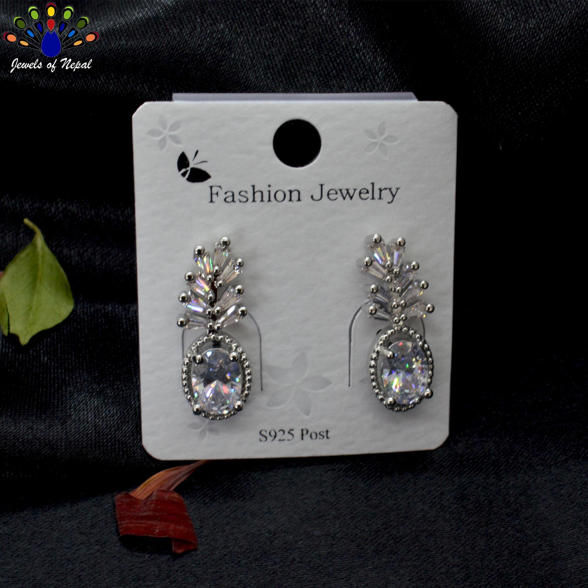 Jewels of Nepal S925 Golden/Silver Stone Studded Oval Drop Earrings For Women