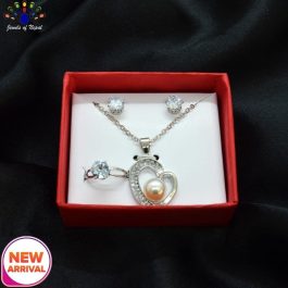 Jewels of Nepal Cubic Zirconia Studded Faux Pearl Heart Pendant Chain, Ear Studs and Finger Ring Set for Women